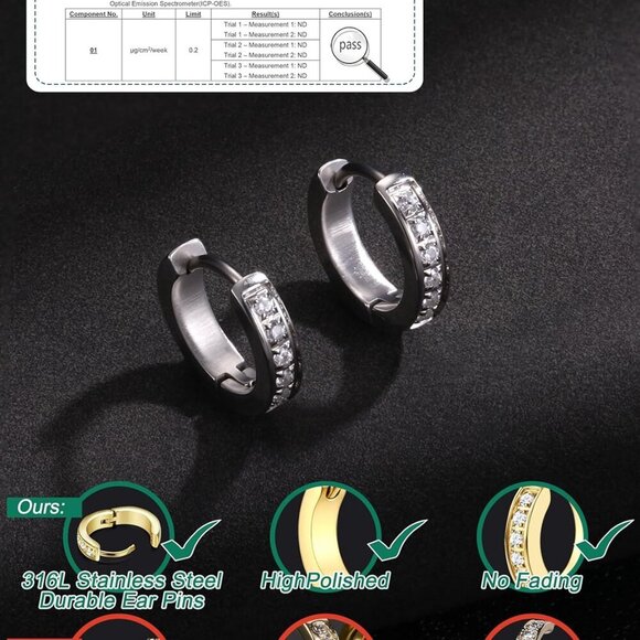 Hypoallergenic Gold/Black/Silver Hoop Earrings with Cubic Zirconia - Unisex - Picture 6 of 8